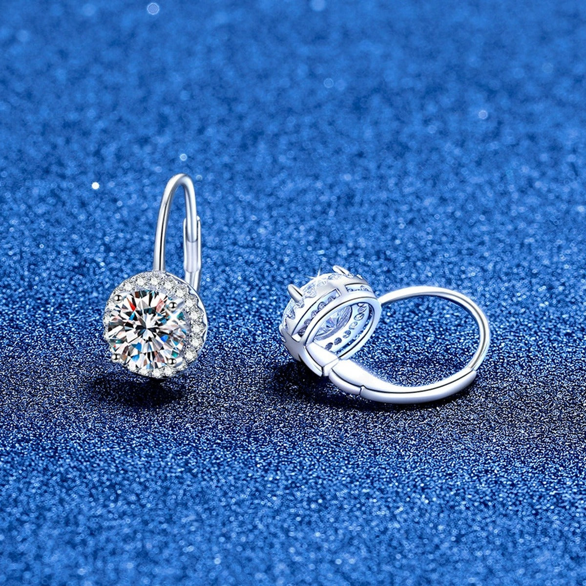 Round Moissanite Leverback Earrings with CZ in White Gold-Plated S925 Sterling Silver blue scene angled view