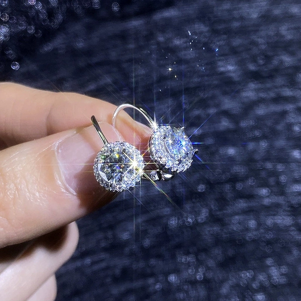 Round Moissanite Leverback Earrings with CZ in White Gold-Plated S925 Sterling Silver close-up product detail view