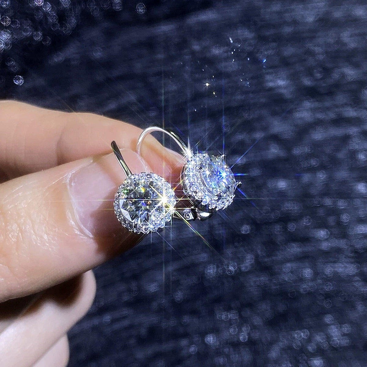 Round Moissanite Leverback Earrings with CZ in White Gold-Plated S925 Sterling Silver close-up product detail view