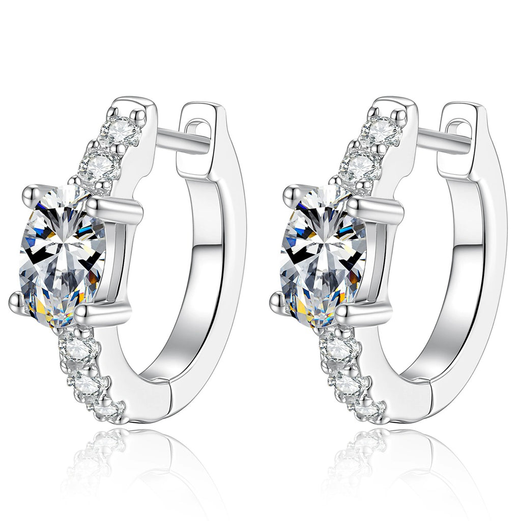 Round Moissanite Huggie Hoop Earrings with CZ in White Gold-Plated S925 Sterling Silver on clean white background showing a white gold huggie hoop with a round moissanite front and CZ accents