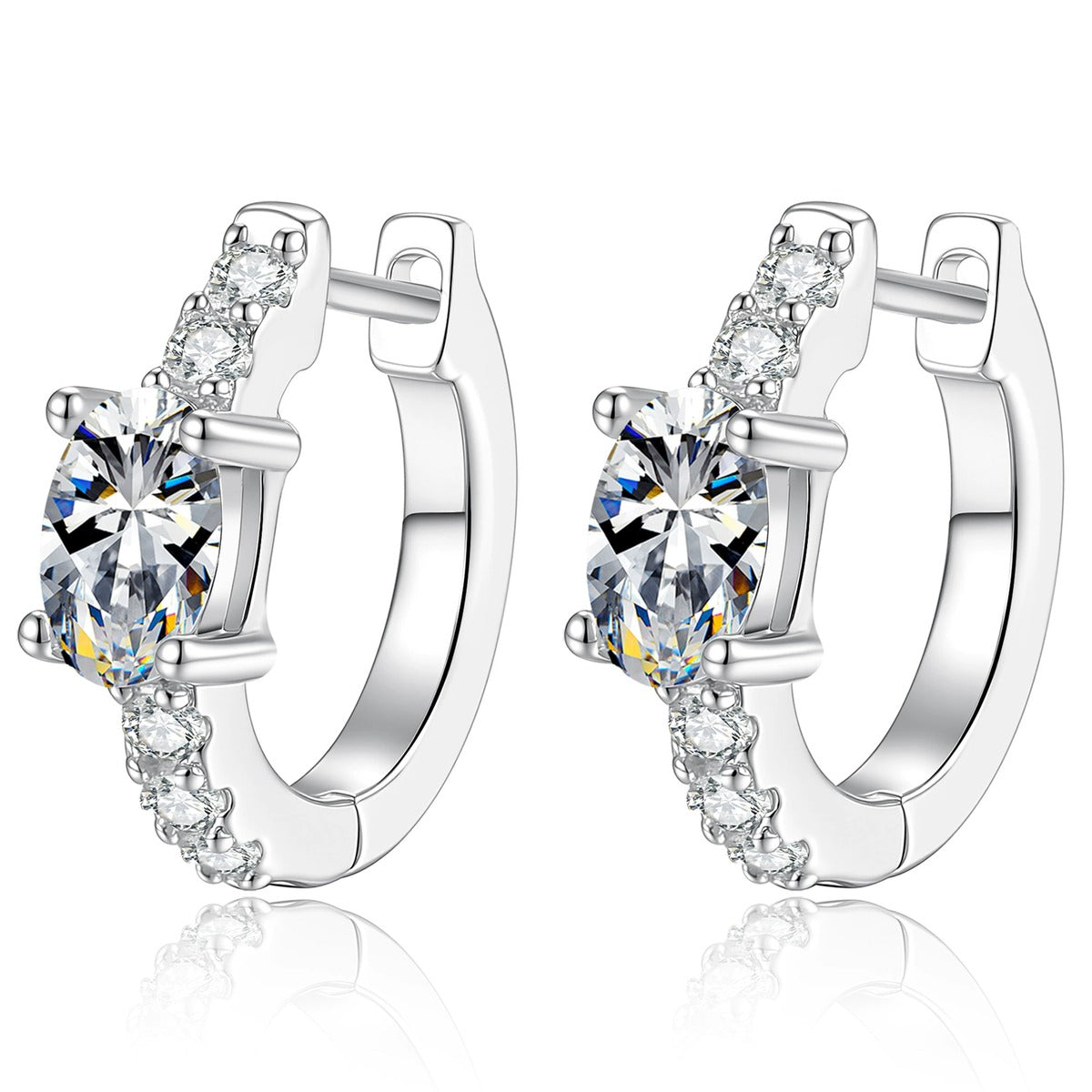 Round Moissanite Huggie Hoop Earrings with CZ in White Gold-Plated S925 Sterling Silver on clean white background showing a white gold huggie hoop with a round moissanite front and CZ accents