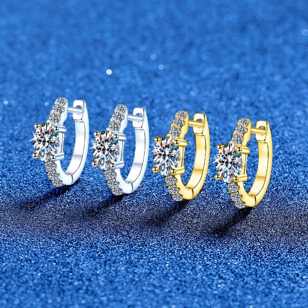 Round Moissanite Huggie Hoop Earrings with CZ in White Gold-Plated S925 Sterling Silver blue scene product view