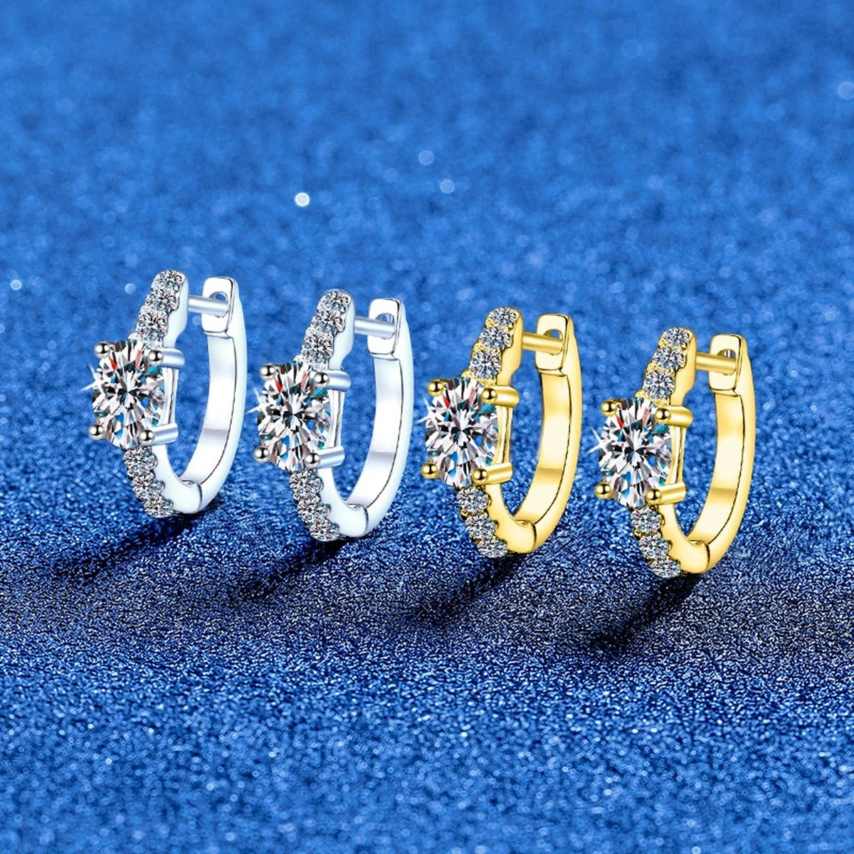 Round Moissanite Huggie Hoop Earrings with CZ in White Gold-Plated S925 Sterling Silver blue scene product view