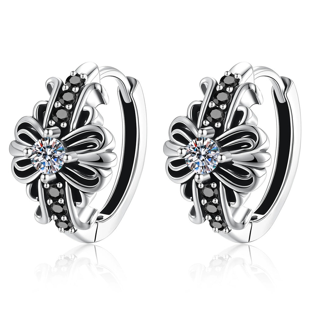 Floral Moissanite Hoop Earrings with CZ in White Gold-Plated S925 Sterling Silver on clean white background showing a floral hoop design with a small moissanite center and dark accent details