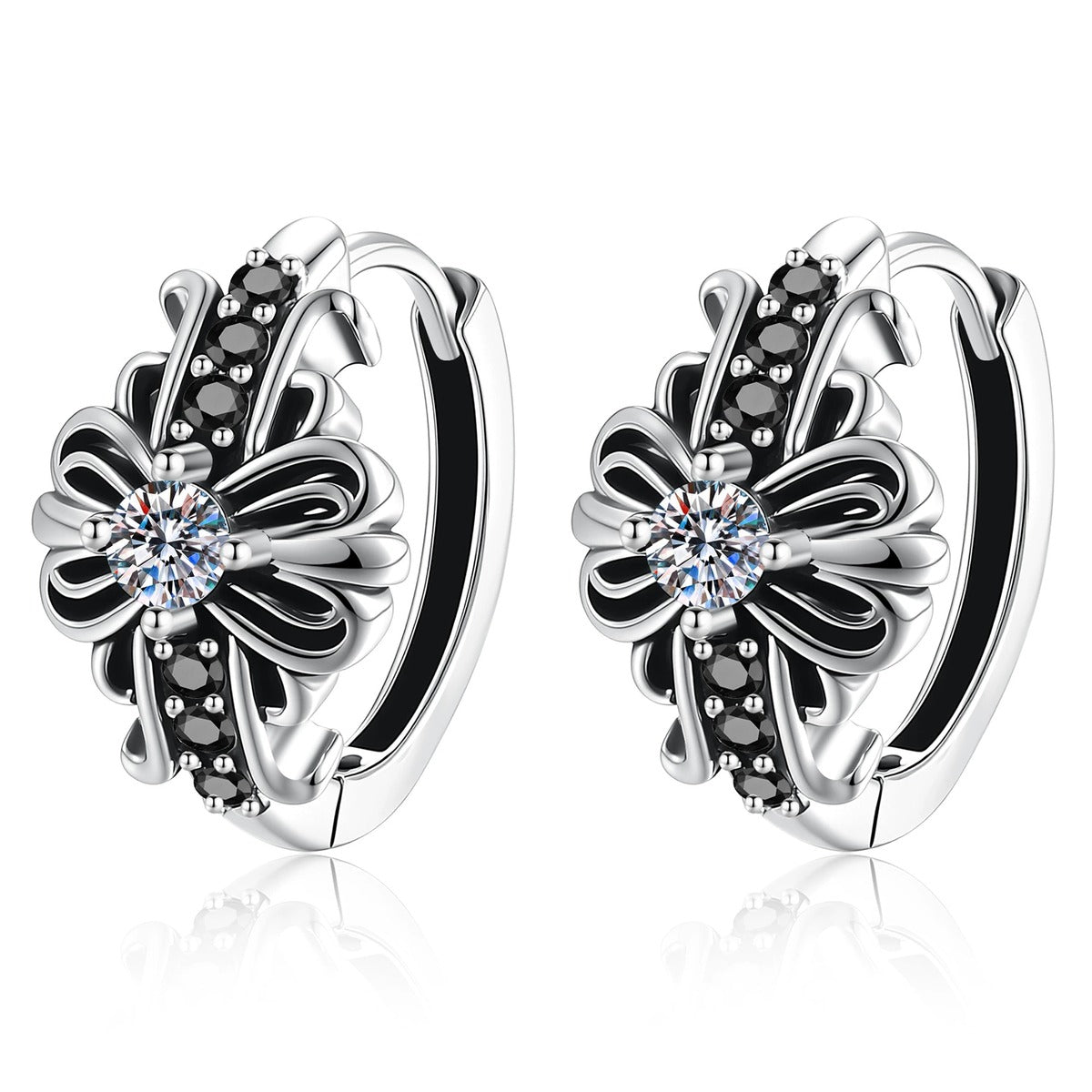 Floral Moissanite Hoop Earrings with CZ in White Gold-Plated S925 Sterling Silver on clean white background showing a floral hoop design with a small moissanite center and dark accent details