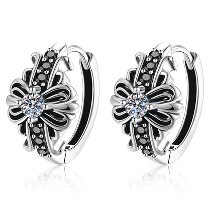 Floral Moissanite Hoop Earrings with CZ in White Gold-Plated S925 Sterling Silver on clean white background showing a floral hoop design with a small moissanite center and dark accent details