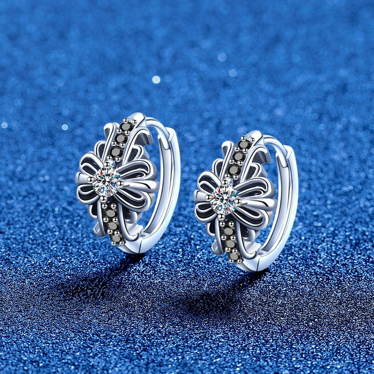 Floral Moissanite Hoop Earrings with CZ in White Gold-Plated S925 Sterling Silver blue scene product view