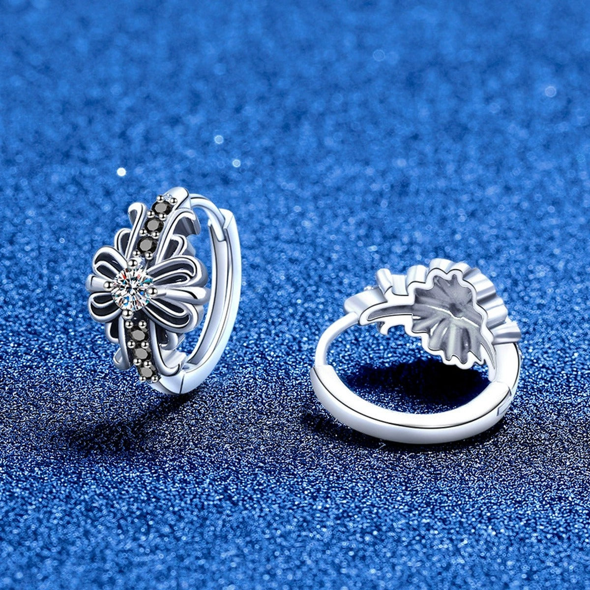 Floral Moissanite Hoop Earrings with CZ in White Gold-Plated S925 Sterling Silver blue scene angled view