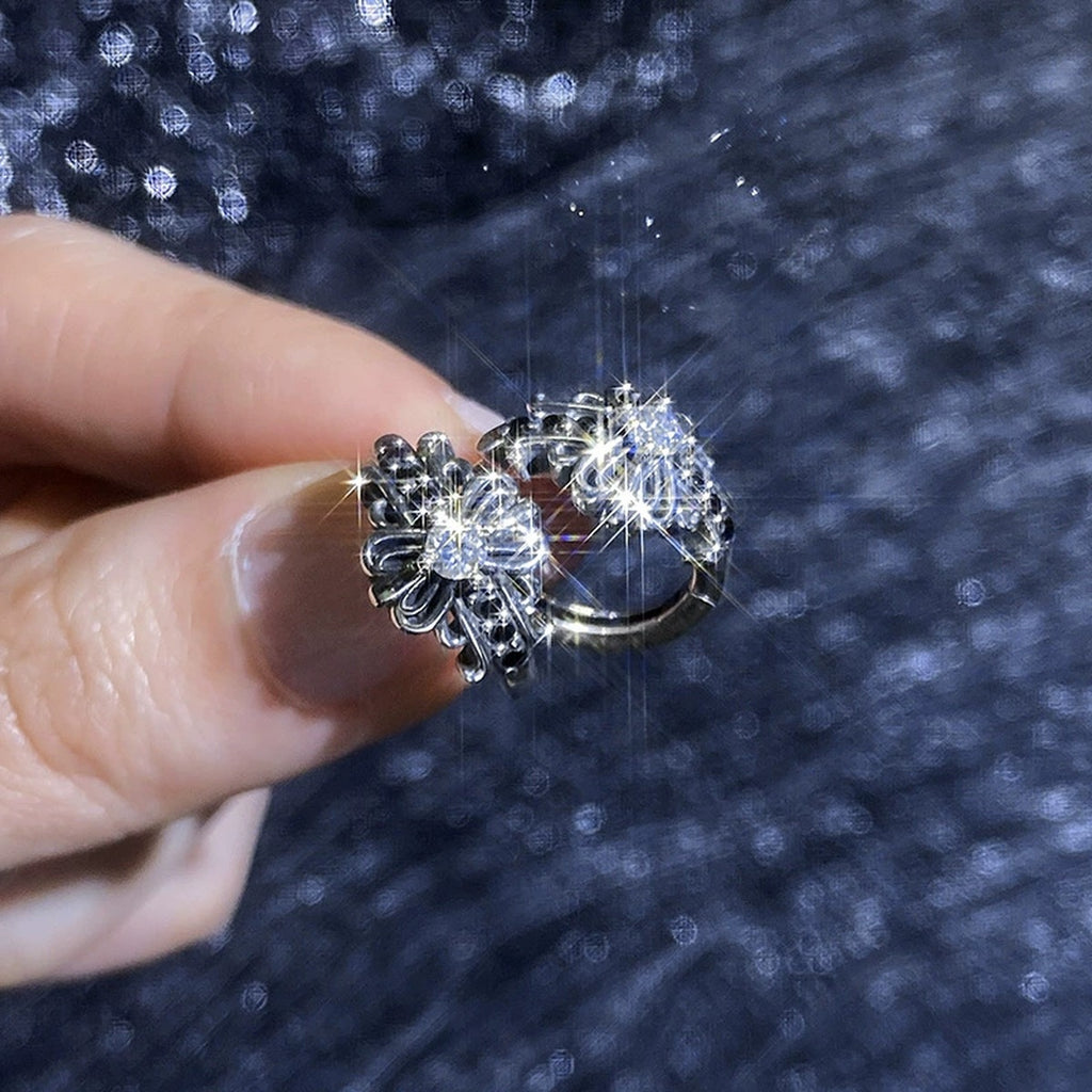 Floral Moissanite Hoop Earrings with CZ in White Gold-Plated S925 Sterling Silver blue scene close-up view
