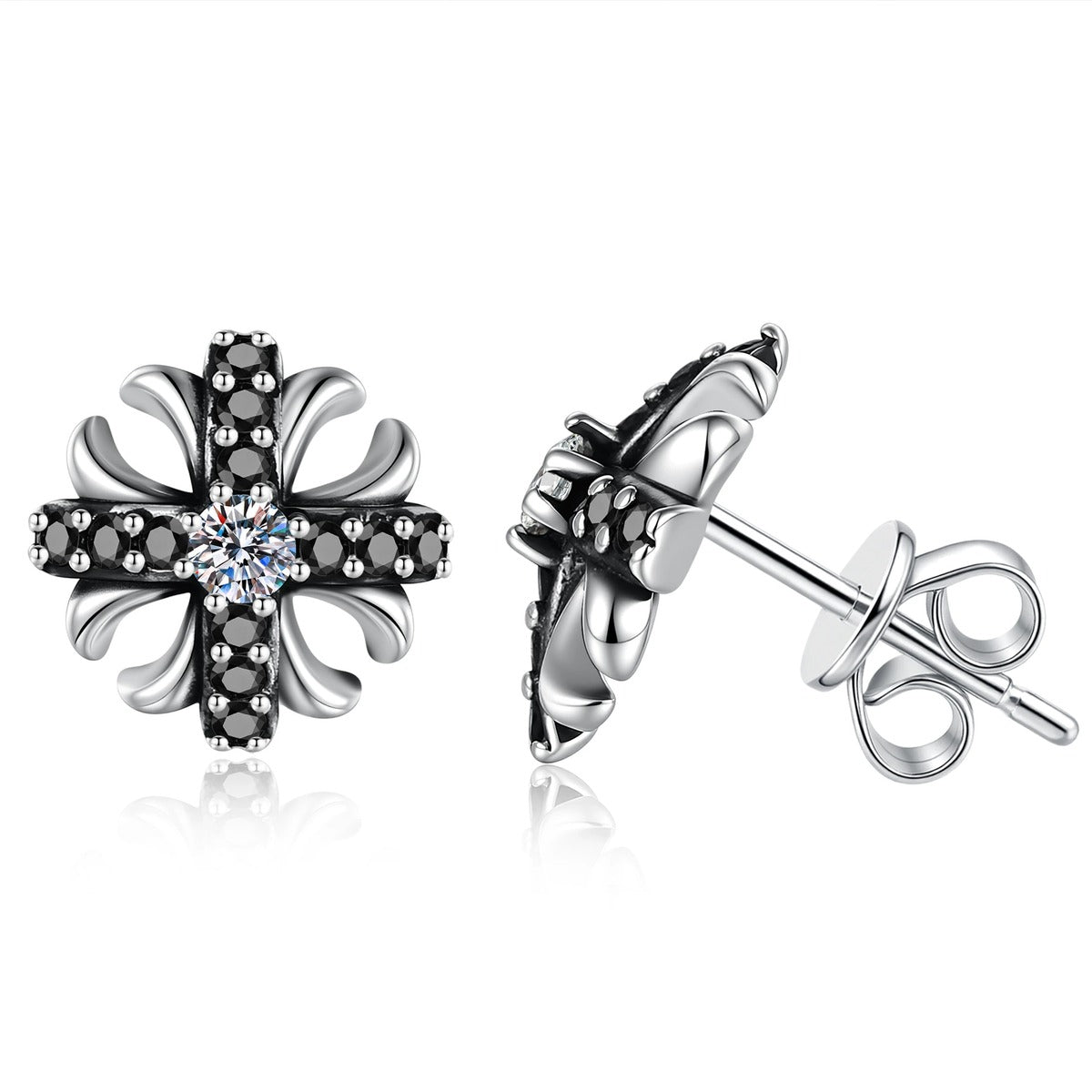 Cross Flower Moissanite Stud Earrings with CZ in White Gold-Plated S925 Sterling Silver on clean white background showing a cross-flower stud with a small round moissanite center and dark CZ accents