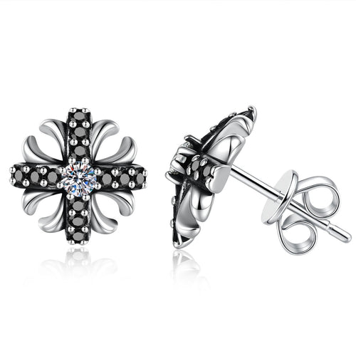 Cross Flower Moissanite Stud Earrings with CZ in White Gold-Plated S925 Sterling Silver on clean white background showing a cross-flower stud with a small round moissanite center and dark CZ accents