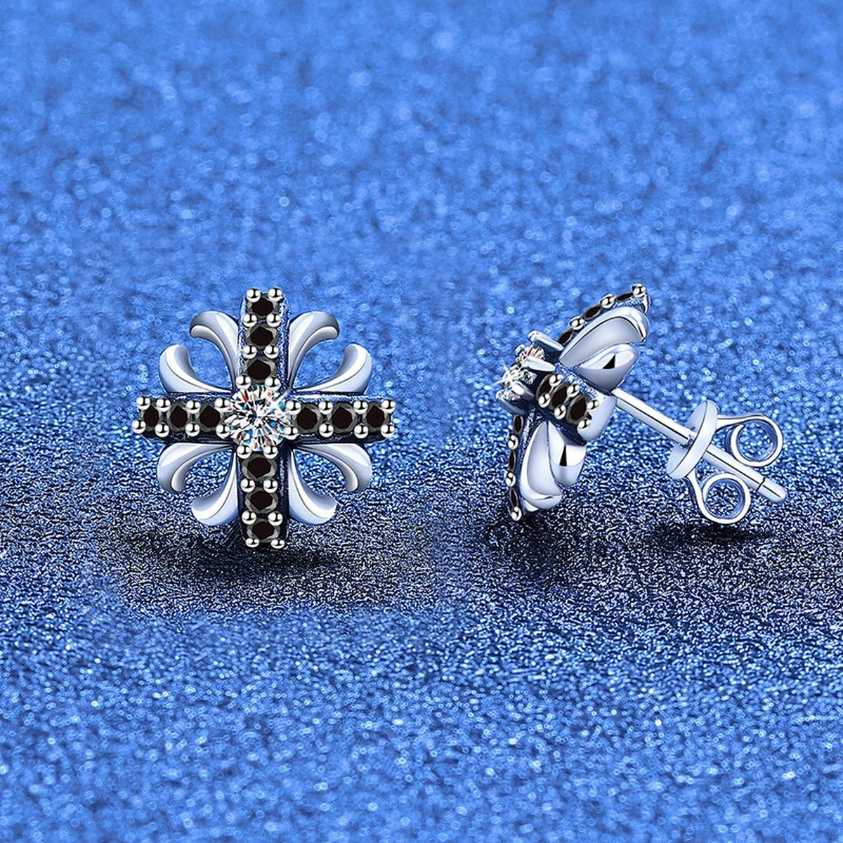 Cross Flower Moissanite Stud Earrings with CZ in White Gold-Plated S925 Sterling Silver blue scene product view