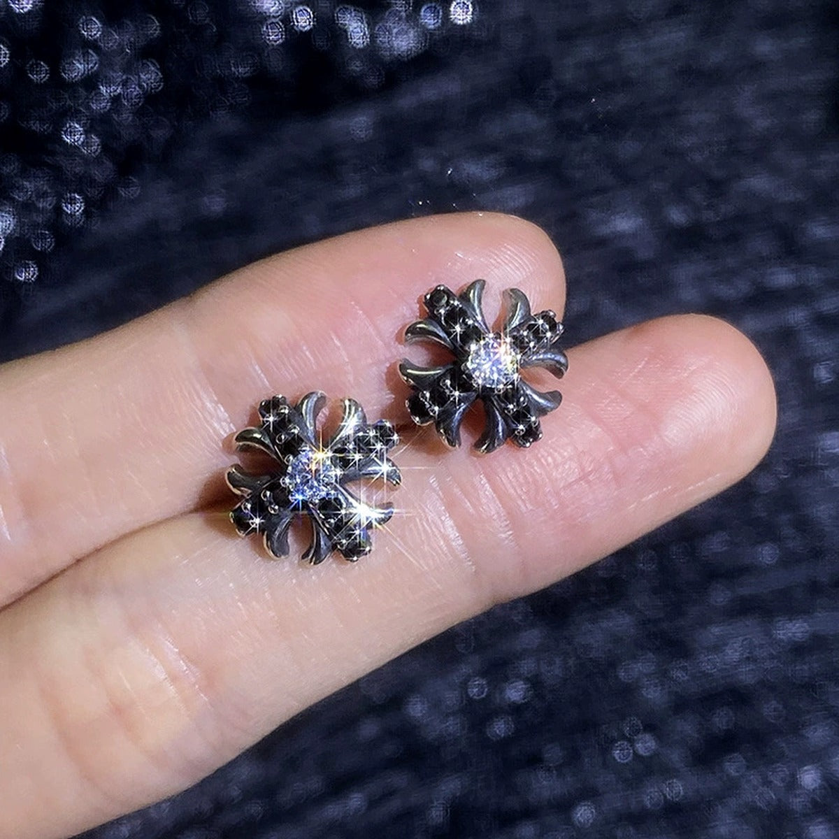 Cross Flower Moissanite Stud Earrings with CZ in White Gold-Plated S925 Sterling Silver close-up product detail view