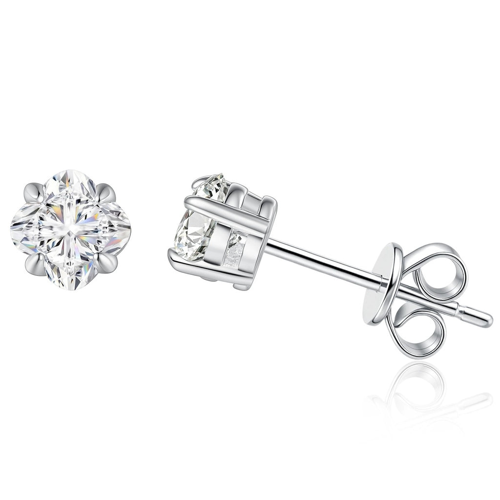 Round Moissanite Stud Earrings in White Gold-Plated S925 Sterling Silver on clean white background showing a small round solitaire stud with a clean prong setting