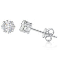 Round Moissanite Stud Earrings in White Gold-Plated S925 Sterling Silver on clean white background showing a small round solitaire stud with a clean prong setting