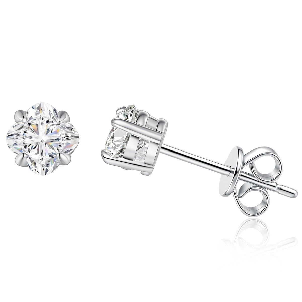 Round Moissanite Stud Earrings in White Gold-Plated S925 Sterling Silver on clean white background showing a small round solitaire stud with a clean prong setting