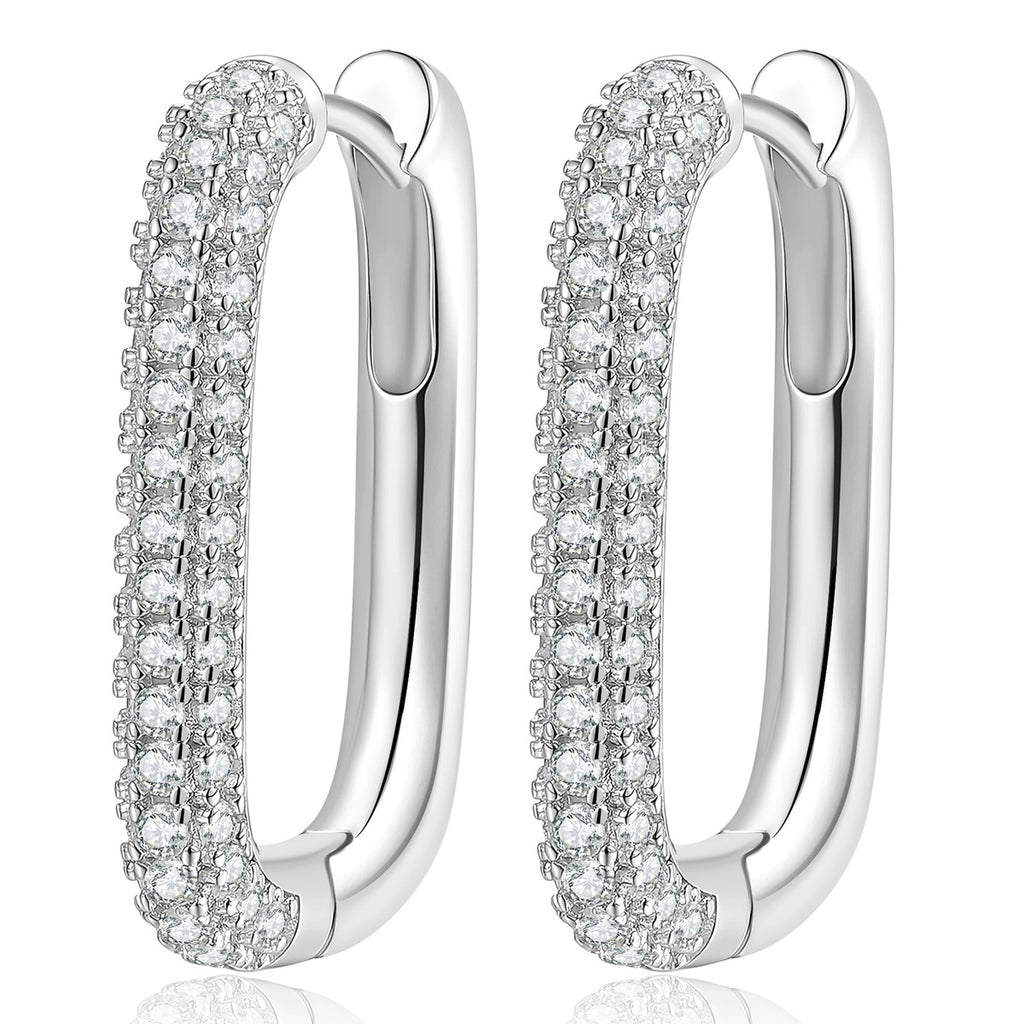 Elongated Pave Moissanite Hoop Earrings in White Gold-Plated S925 Sterling Silver on clean white background showing an elongated pave hoop silhouette