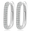 Elongated Pave Moissanite Hoop Earrings in White Gold-Plated S925 Sterling Silver on clean white background showing an elongated pave hoop silhouette