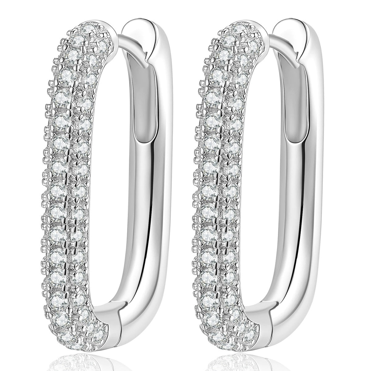 Elongated Pave Moissanite Hoop Earrings in White Gold-Plated S925 Sterling Silver on clean white background showing an elongated pave hoop silhouette