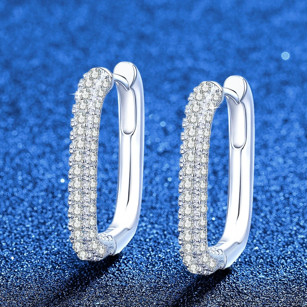 Elongated Pave Moissanite Hoop Earrings in White Gold-Plated S925 Sterling Silver blue scene product view