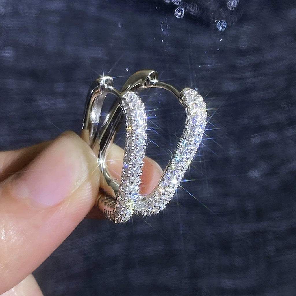 Elongated Pave Moissanite Hoop Earrings in White Gold-Plated S925 Sterling Silver close-up product detail view