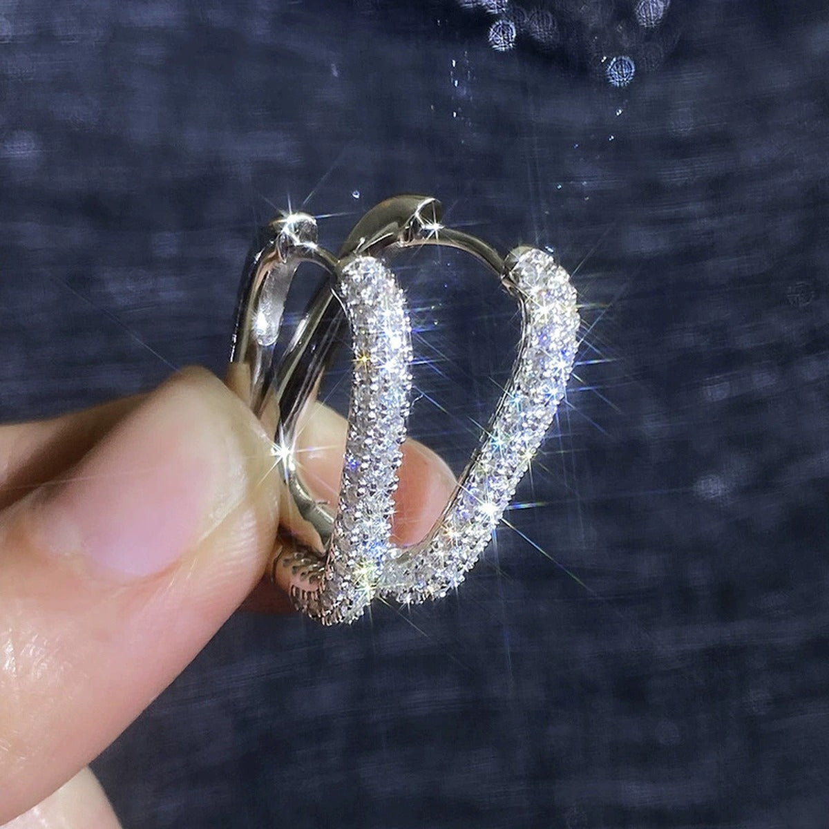 Elongated Pave Moissanite Hoop Earrings in White Gold-Plated S925 Sterling Silver close-up product detail view