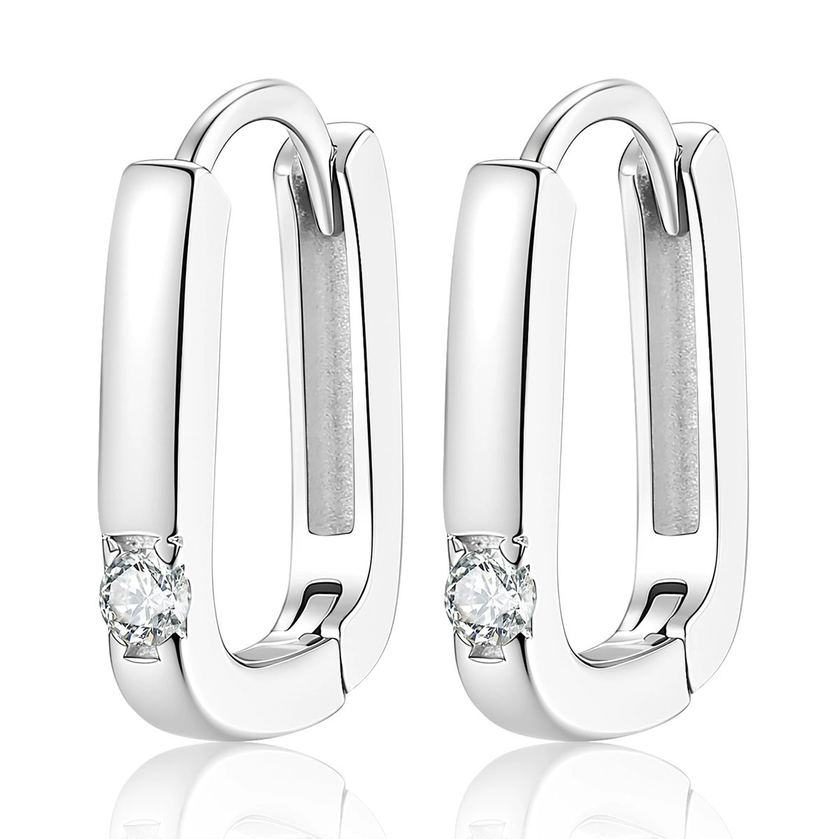 Slim Rectangle Moissanite Hoop Earrings in White Gold-Plated S925 Sterling Silver on clean white background showing a slim rectangular hoop silhouette with a small stone accent