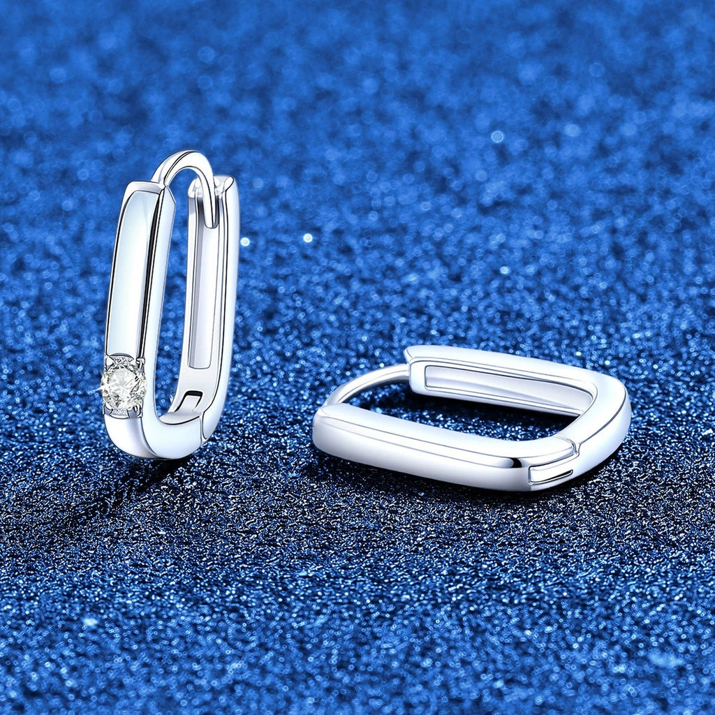 Slim Rectangle Moissanite Hoop Earrings in White Gold-Plated S925 Sterling Silver blue scene angled view