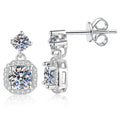Cushion Halo Moissanite Drop Earrings with CZ in White Gold-Plated S925 Sterling Silver on clean white background showing a cushion halo drop earring with a round moissanite center and CZ accents