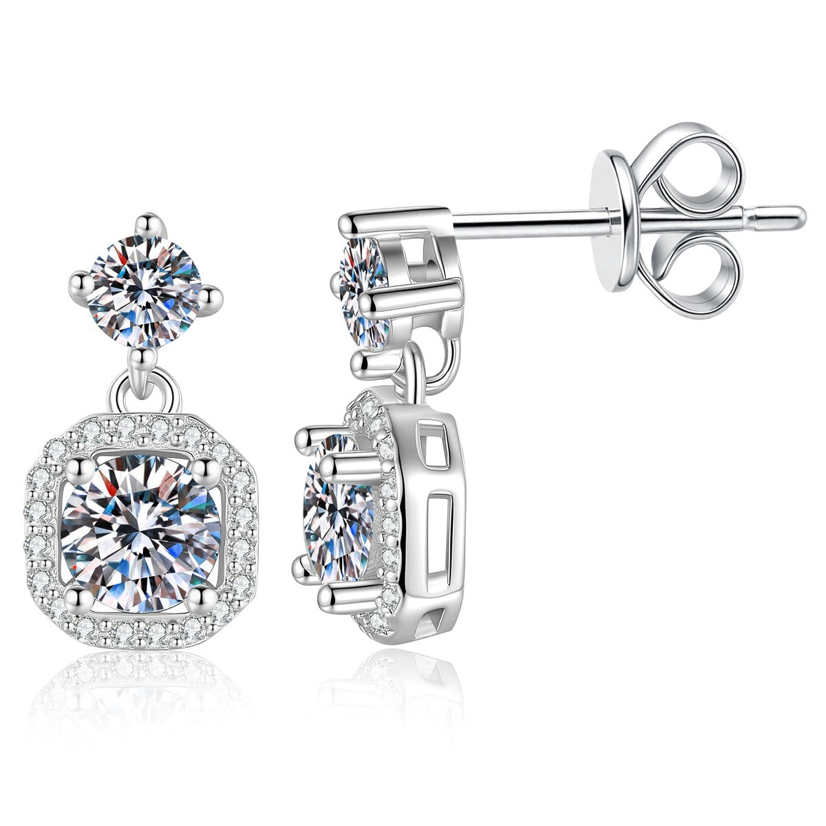 Cushion Halo Moissanite Drop Earrings with CZ in White Gold-Plated S925 Sterling Silver on clean white background showing a cushion halo drop earring with a round moissanite center and CZ accents