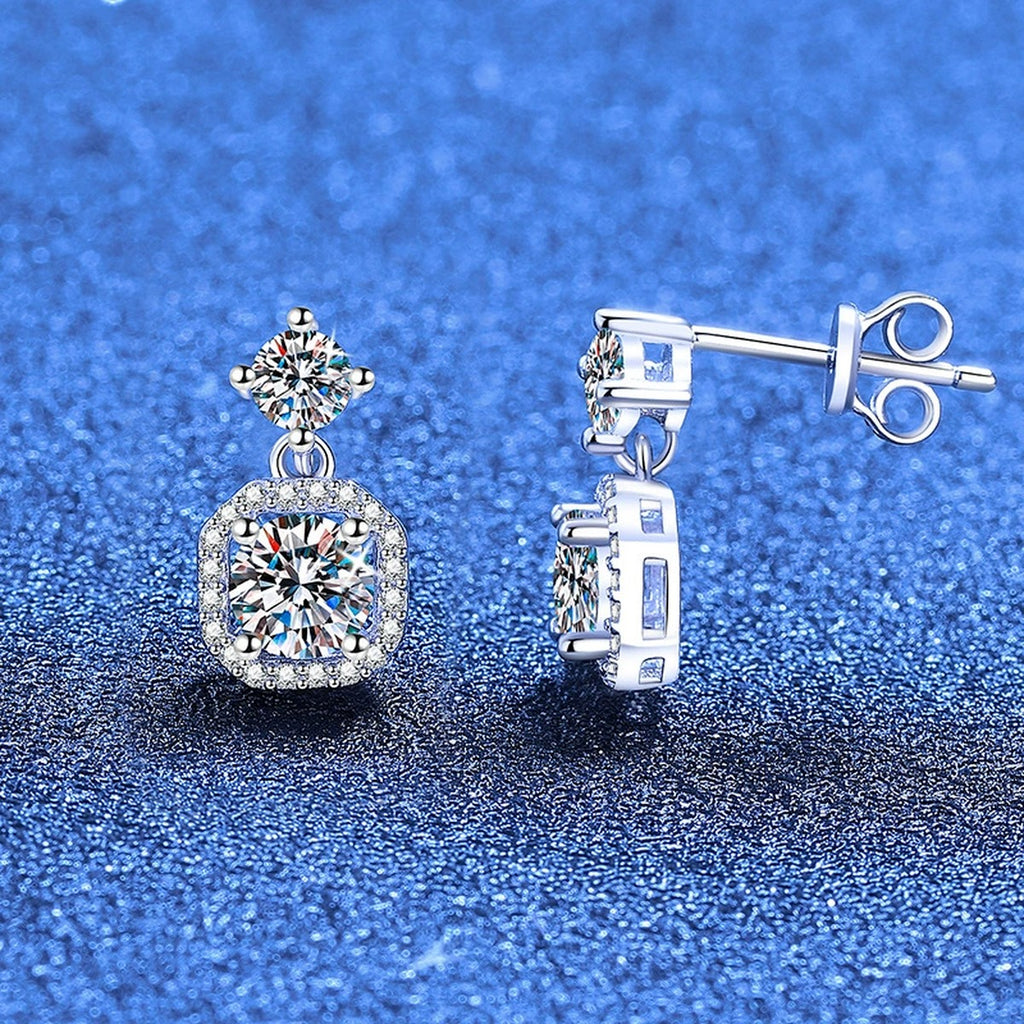 Cushion Halo Moissanite Drop Earrings with CZ in White Gold-Plated S925 Sterling Silver blue scene product view