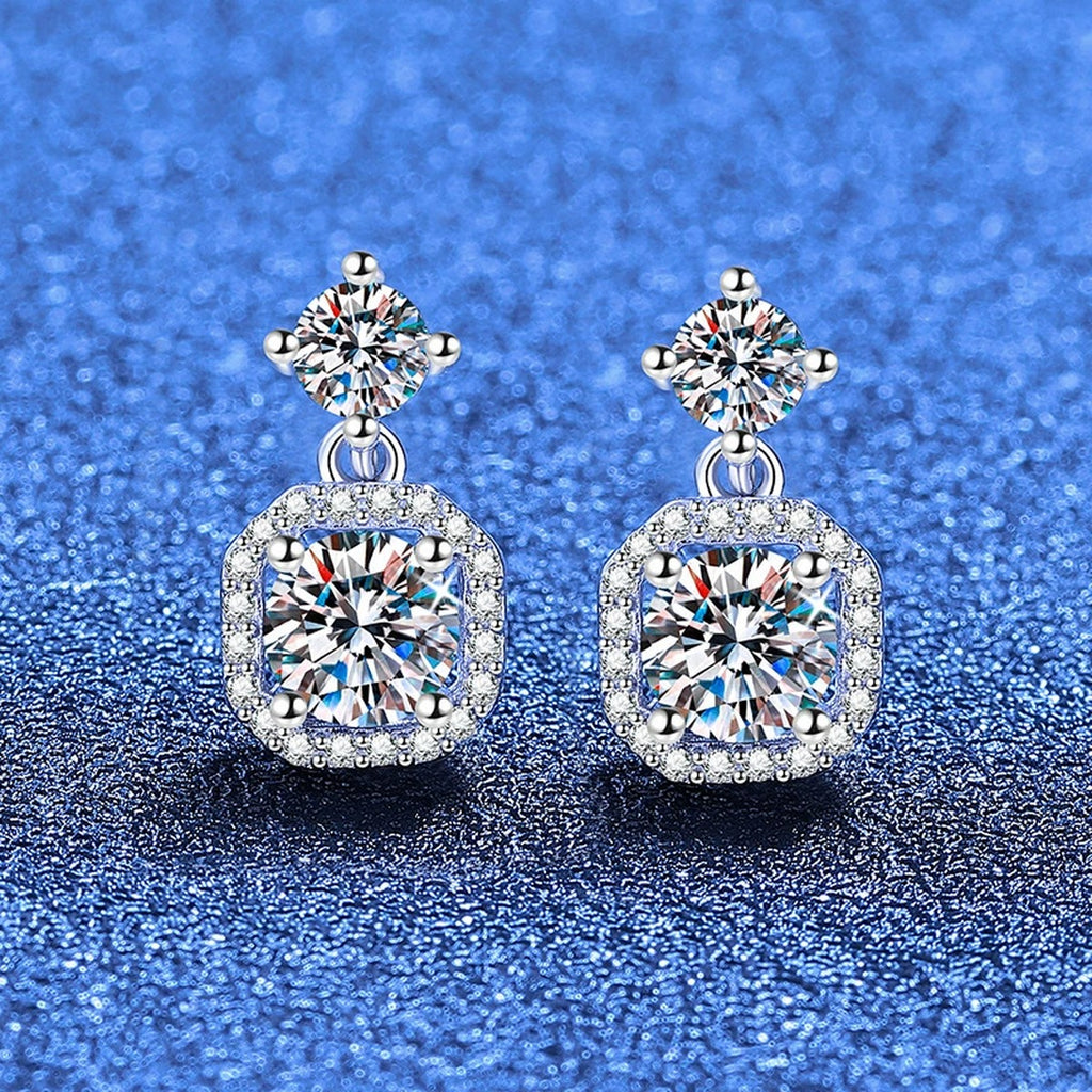 Cushion Halo Moissanite Drop Earrings with CZ in White Gold-Plated S925 Sterling Silver blue scene angled view