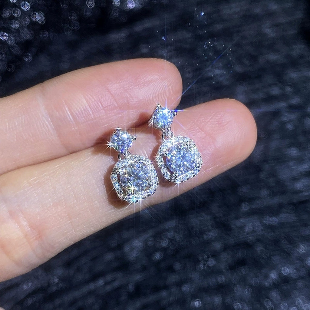 Cushion Halo Moissanite Drop Earrings with CZ in White Gold-Plated S925 Sterling Silver close-up product detail view