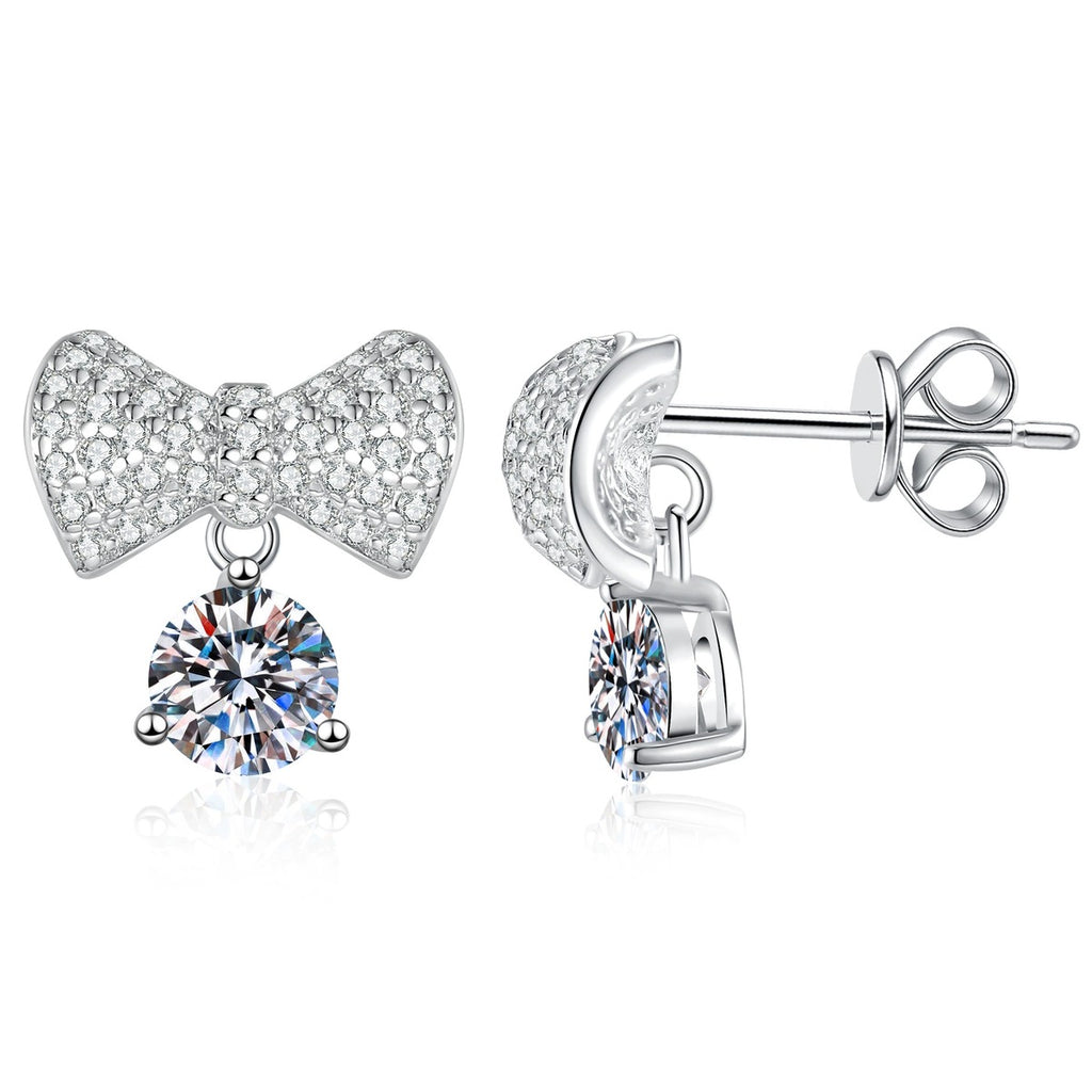 Bow Drop Moissanite Stud Earrings in White Gold-Plated S925 Sterling Silver with CZ on clean white background showing a bow drop stud silhouette
