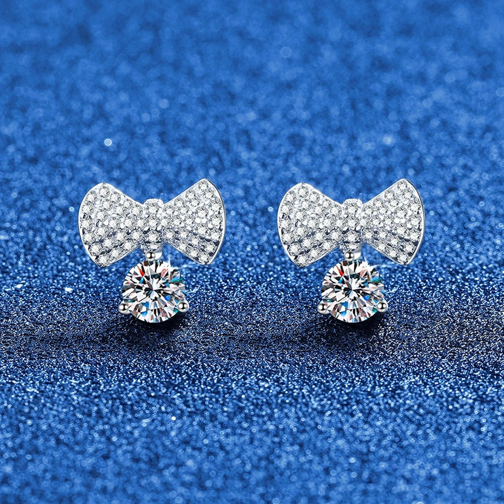 Bow Drop Moissanite Stud Earrings in White Gold-Plated S925 Sterling Silver with CZ blue scene product view