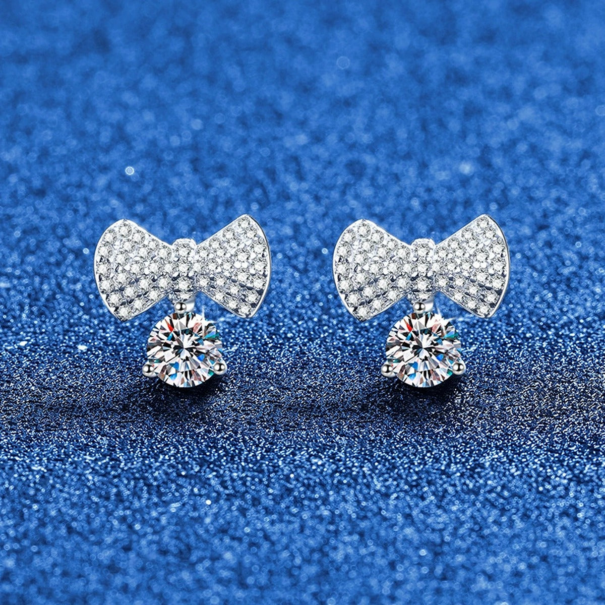 Bow Drop Moissanite Stud Earrings in White Gold-Plated S925 Sterling Silver with CZ blue scene product view