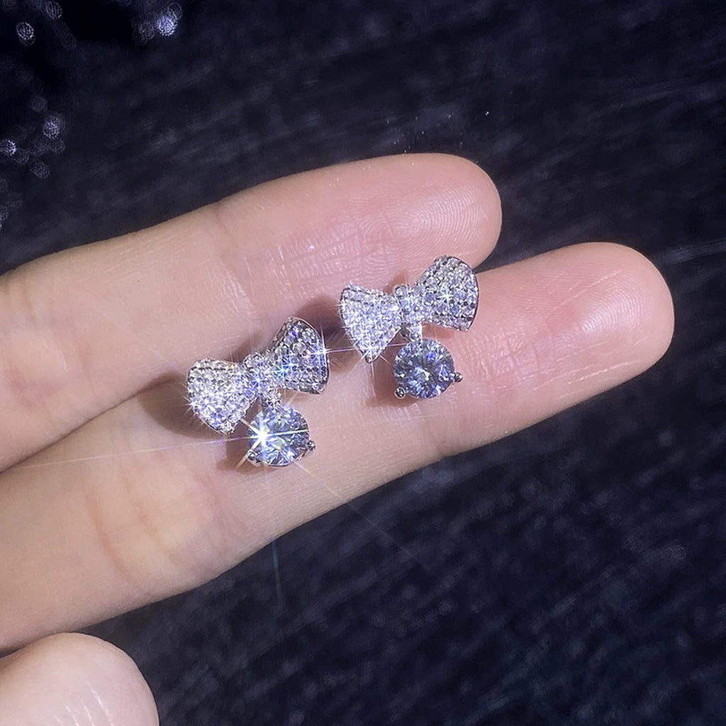 Bow Drop Moissanite Stud Earrings in White Gold-Plated S925 Sterling Silver with CZ close-up product detail view