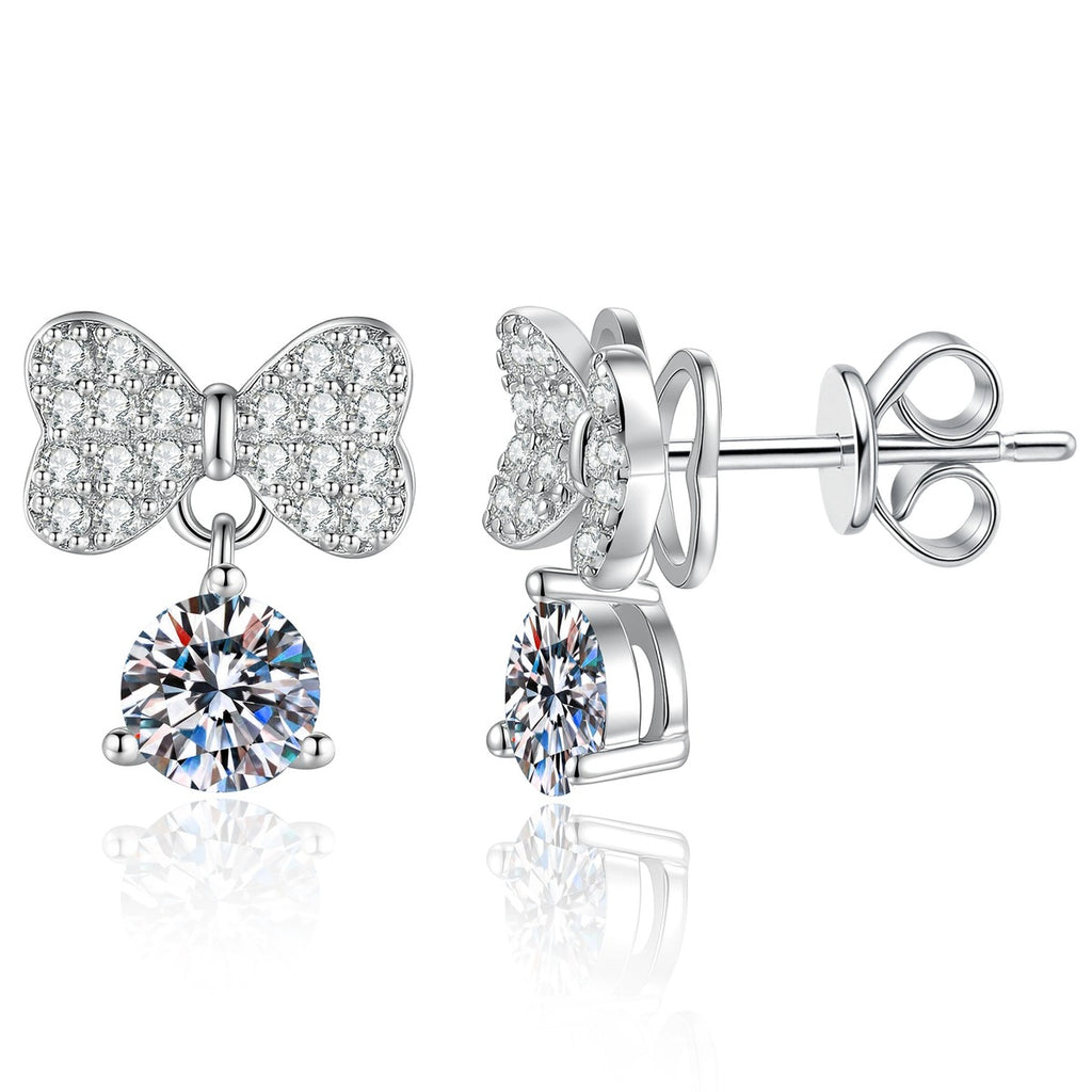 Ribbon Bow Moissanite Drop Earrings in White Gold-Plated S925 Sterling Silver with CZ on clean white background showing a ribbon bow drop silhouette