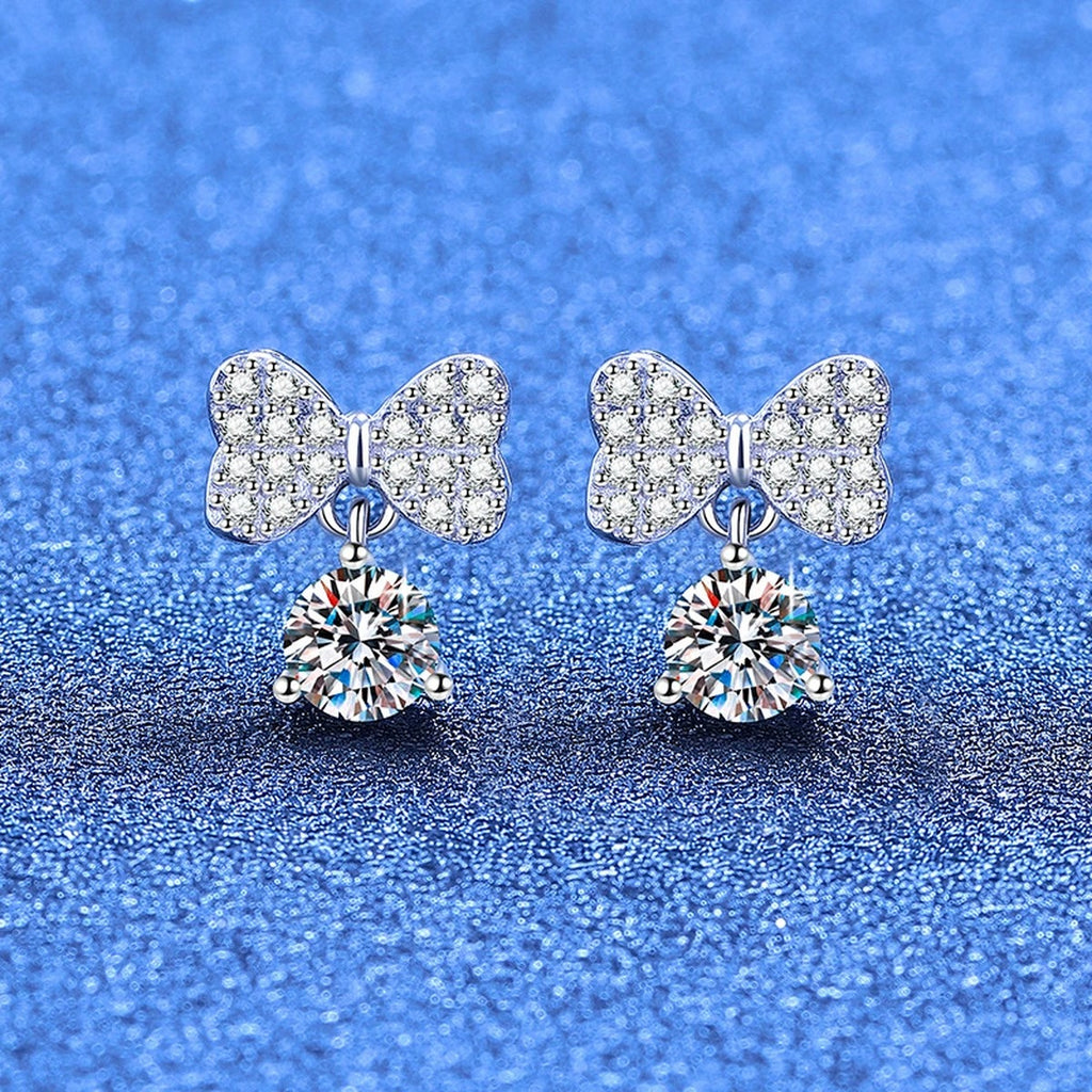 Ribbon Bow Moissanite Drop Earrings in White Gold-Plated S925 Sterling Silver with CZ blue scene product view