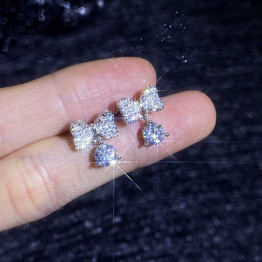Ribbon Bow Moissanite Drop Earrings in White Gold-Plated S925 Sterling Silver with CZ close-up product detail view