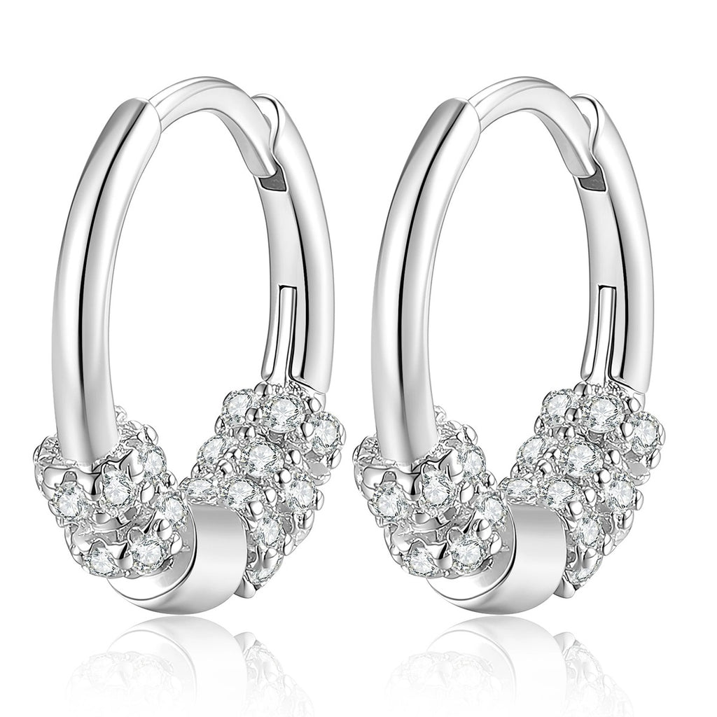 Pave Cluster Moissanite Hoop Earrings in White Gold-Plated S925 Sterling Silver on clean white background showing a small hoop with a clustered pave front