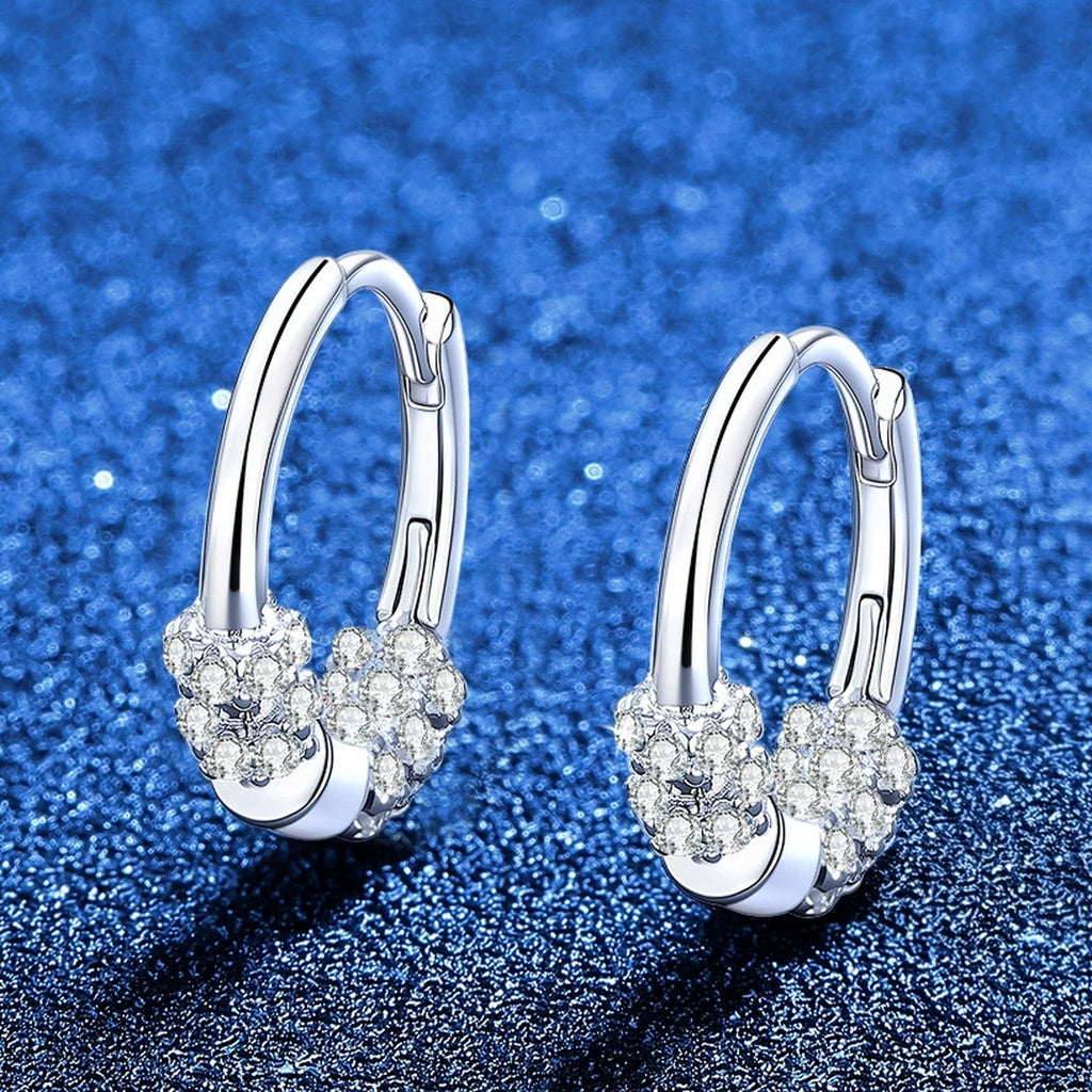 Pave Cluster Moissanite Hoop Earrings in White Gold-Plated S925 Sterling Silver blue scene product view
