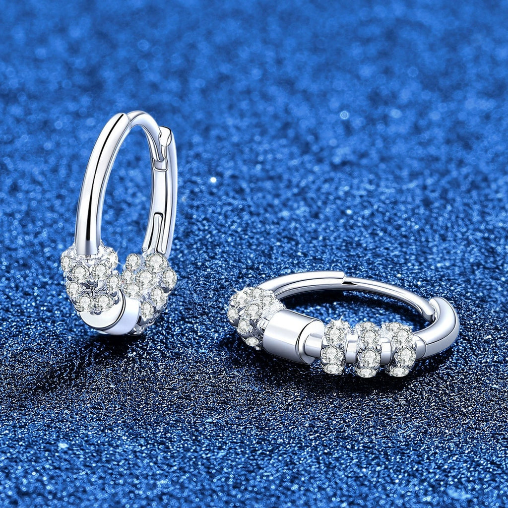 Pave Cluster Moissanite Hoop Earrings in White Gold-Plated S925 Sterling Silver blue scene angled view