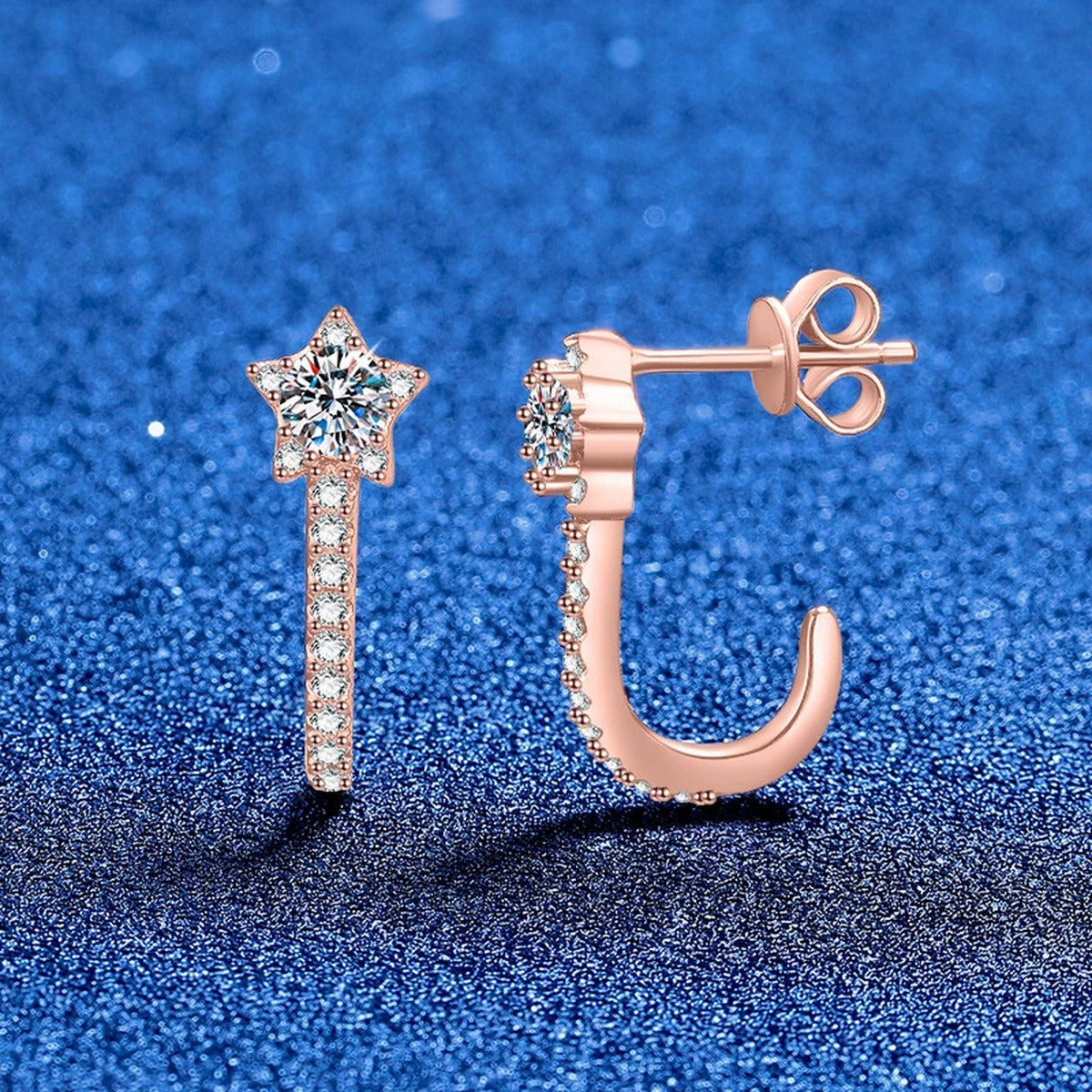 Star Drop Earrings in Gold-Plated S925 Sterling Silver with Moissanite and CZ blue scene angled view
