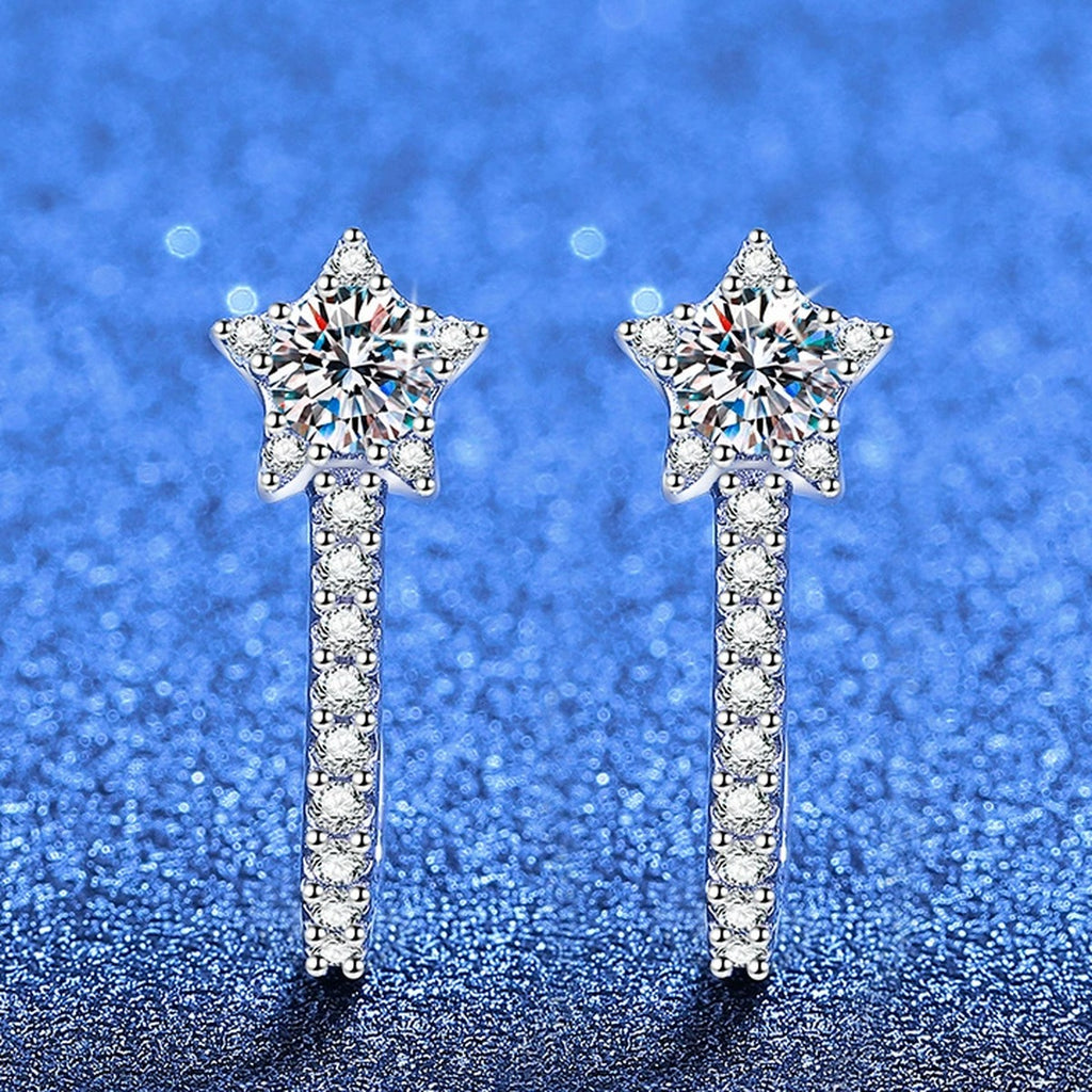 Star Drop Earrings in Gold-Plated S925 Sterling Silver with Moissanite and CZ blue scene close-up view