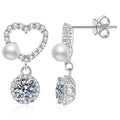 Pearl Heart Moissanite Drop Earrings in White Gold-Plated S925 Sterling Silver with CZ on clean white background showing a pearl heart drop silhouette