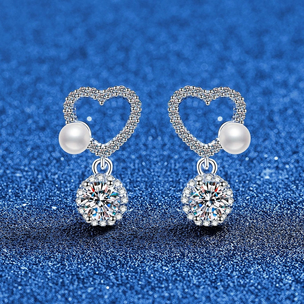 Pearl Heart Moissanite Drop Earrings in White Gold-Plated S925 Sterling Silver with CZ blue scene product view