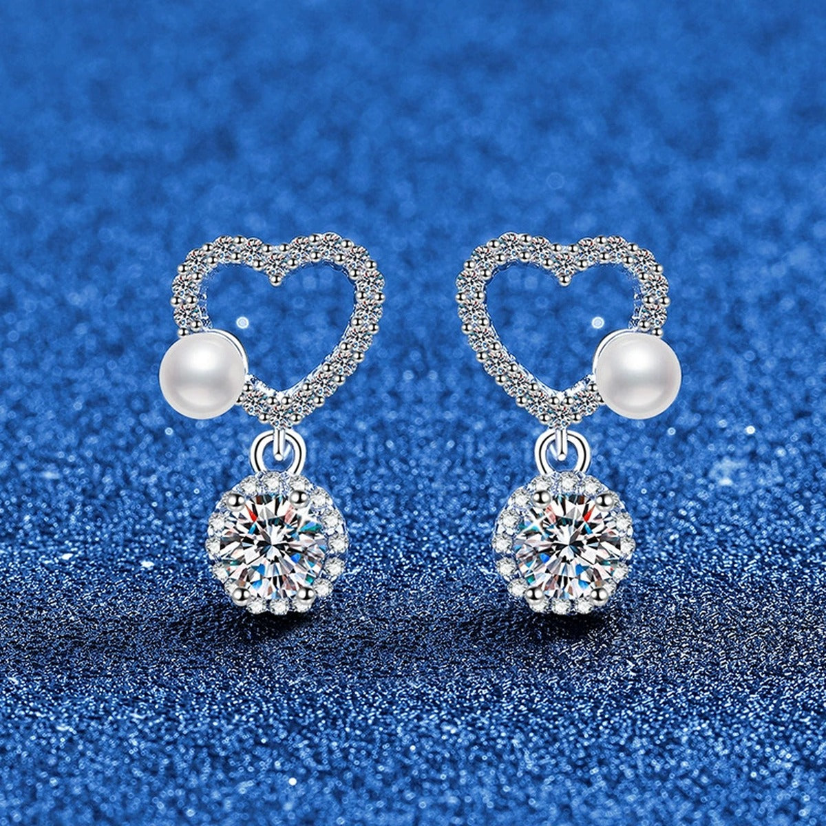 Pearl Heart Moissanite Drop Earrings in White Gold-Plated S925 Sterling Silver with CZ blue scene product view