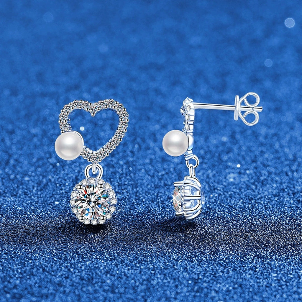 Pearl Heart Moissanite Drop Earrings in White Gold-Plated S925 Sterling Silver with CZ blue scene angled view