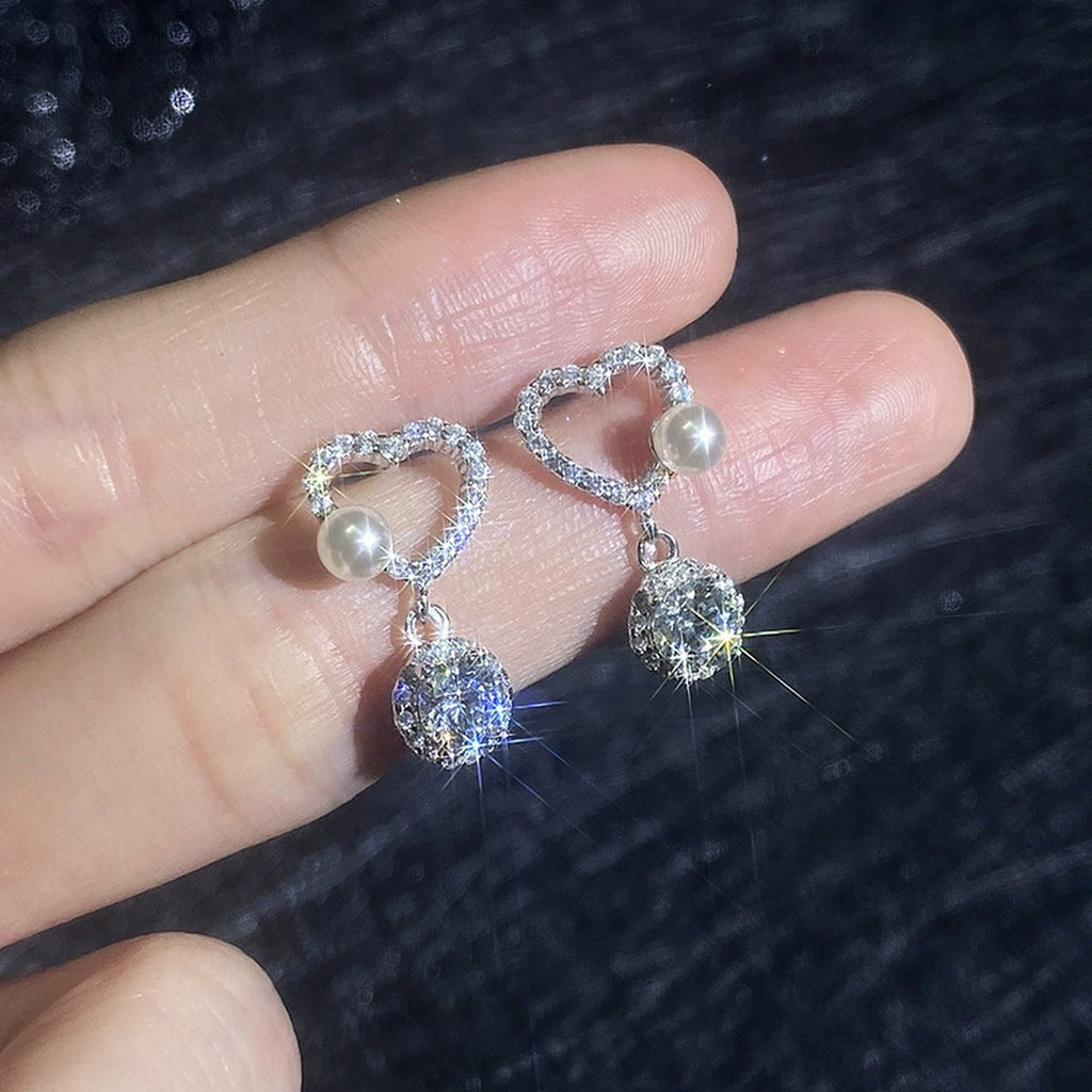 Pearl Heart Moissanite Drop Earrings in White Gold-Plated S925 Sterling Silver with CZ close-up product detail view